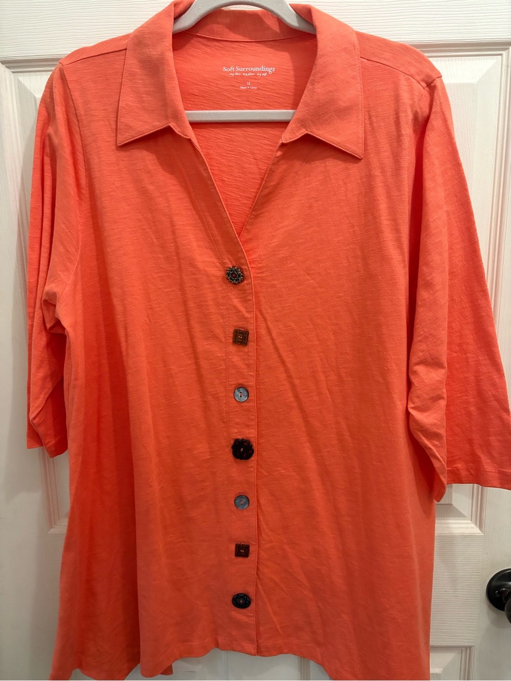 Soft Surroundings Mixed Button Slub Knit Tunic Shirt Coral Women's 1X NWOT